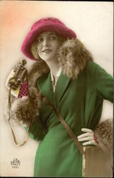 De'De' in Paris - Woman in Green holding Binoculars Postcard
