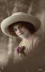 Portrait Photograph of Young Girl wearing Hat & Purple Nosegay on Dress Postcard