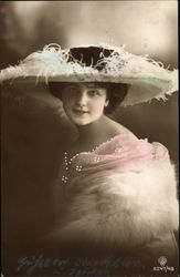 Portrait Photograph of Woman wearing Large Hat and Fur Stole Postcard