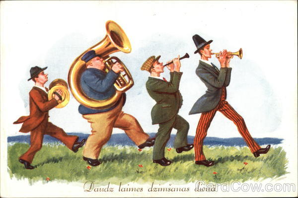 Four Men Marching while Playing Instruments Music