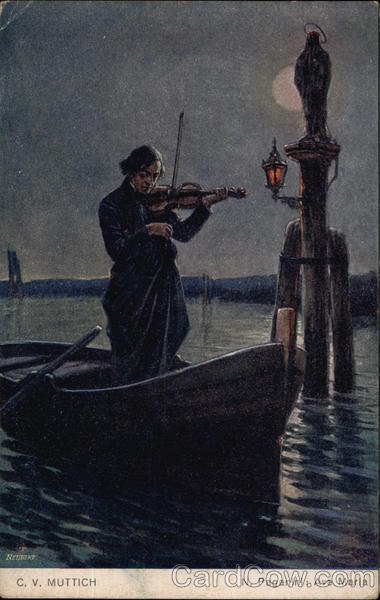 Man standing in Boat on Moonlit Water Playing Ave Maria on Violin