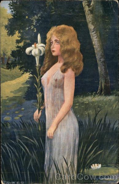 Blonde Woman in Sheer Gown holding Lily Women
