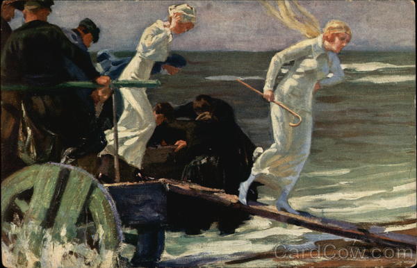 Painting of Women Walking Down a Plank from a Wagon onto the Shore