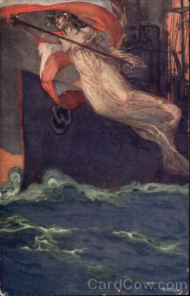 Topless Woman Figurehead on Ship Holding Flag Boats, Ships