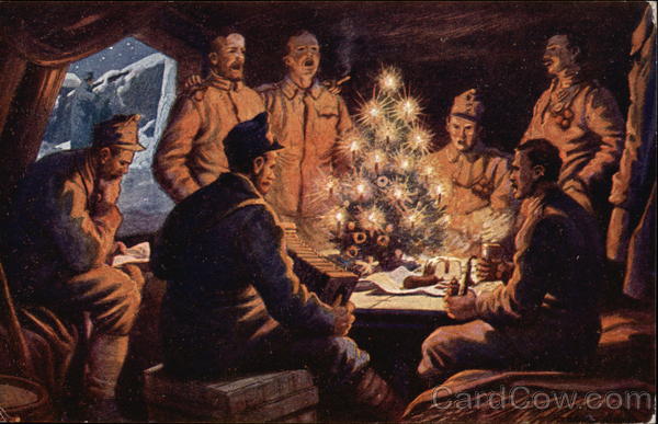 Military Men in Shelter Celebrating Christmas