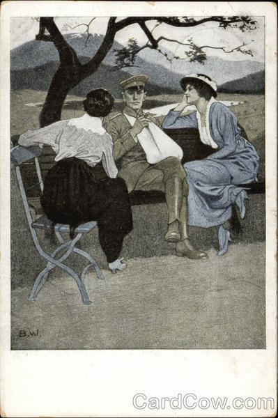 Two Woman on Park Bench with Injured Man in Uniform