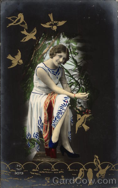 Photograph of Brunette Woman in Blue & White Dress - Gold Birds Embossed on Edges of Card