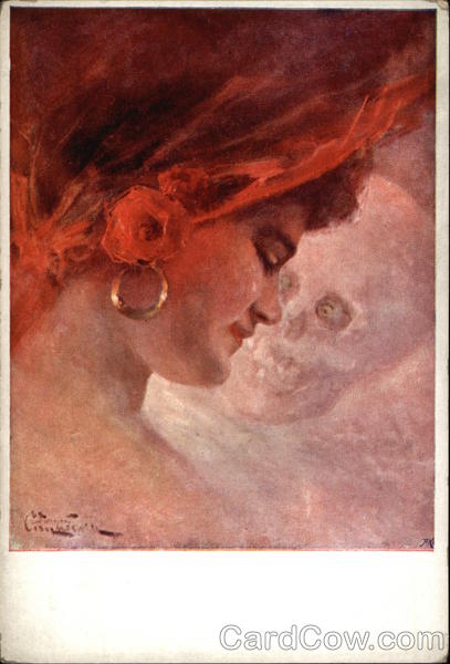 Beautiful woman against the background of a skull Krackow Poland