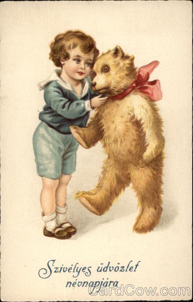 Boy in Blue with Large Teddy Bear Boys