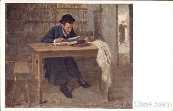 Man with Beard Reading at Library Table Men