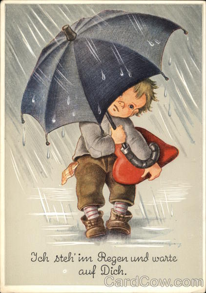 I Stand in the Rain and Wait for You - Child with Umbrella & Red Heart