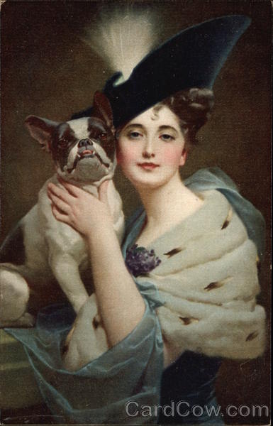 Glamour Woman, Fancy Hat and Bulldog Dogs