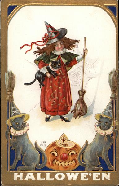 Witch with Black Cat and Broomstick Halloween