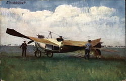 Monoplane on the Grass with Three Men Postcard