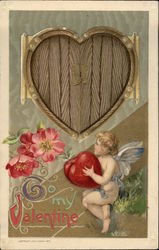 To My Valentine with Cupid, Hearts & Flowers Postcard