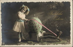 Happy Easter with Girl, Large Egg, and Rabbit Postcard