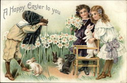 A Happy Easter to You with Children, Flowers, & Bunnies Postcard