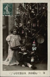 Happy Christmas with Children & Christmas Tree Postcard