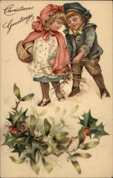 Children with Sticks and Holly Christmas Postcard