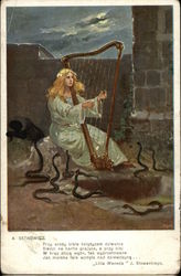 Woman Playing Harp with Snakes on the Ground Postcard