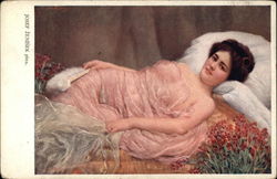 Brunette in Sheer Pink Lying on Bed Postcard