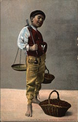 A boy with scales, wicker baskets Postcard