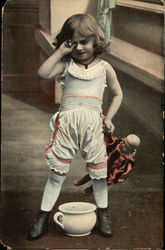 Crying Girl and her Doll, Chamber Pot Postcard