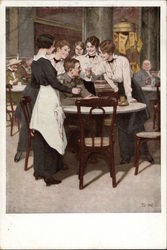 Young Women Surrounding a Man in Uniform at a Cafe Postcard