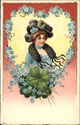 Woman wearing Large Plumed Hat framed with Blue Flowers & Shamrocks Postcard
