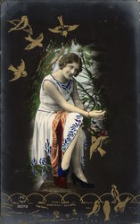 Photograph of Brunette Woman in Blue & White Dress - Gold Birds Embossed on Edges of Card Postcard