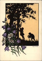 Silhouette of Children PIcking Flowers and Climbing a Tree Silhouette of Children PIcking Flowers and Climbing a Tree