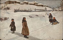 Four Children Playing in the Snow Postcard
