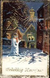 Christmas Scene with Snowman & Bell Ringers Postcard