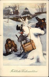 Merry Christmas - Two Children Tossing Snowballs at Snowman Postcard