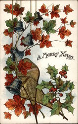 Snowshoes, Holly, Bells, and Leaves Christmas Greeting Postcard