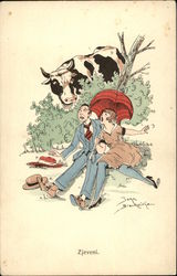 Cow Interrupts Courting Couple Postcard