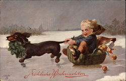 Wiener Dog Pulling Toddler on Ice Children Postcard Postcard