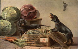 Two Black & Tan Dachshunds with Lobster Crate & Vegetables Two Black & Tan Dachshunds with Lobster Crate & Vegetables
