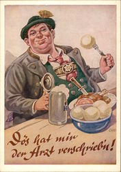 Fat Man with Beer and Food Postcard