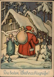 Santa and Angel in Snowy Town Postcard