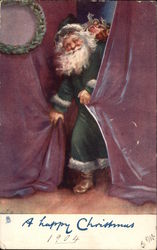 Santa Claus in Green behind Drapes Postcard Postcard