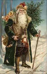 A Merry Christmas - Santa in Green Robe Santa Claus Postcard Postcard
