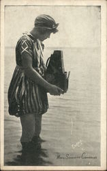 Woman in Bathing Suit with Camera Arcade Card