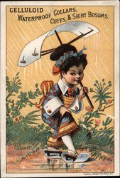 Oriental Lady in Rain with Waterproof Cuff for Umbrella Trade Card