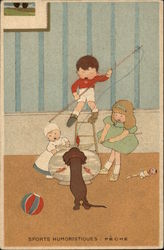 Young Children and Dog Fishing in Fishbowl Trade Card