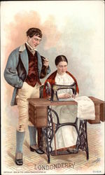 Man Stands and Watches Woman Seated at Sewing Machine Man Stands and Watches Woman Seated at Sewing Machine
