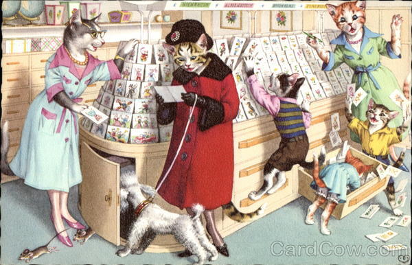 Cats Dressed in Clothing with Poodle on a leash at Card Shop