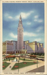 Public Square, Showing Terminal Group: Higbee Store, Terminal Tower, Hotel Cleveland Ohio Postcard 