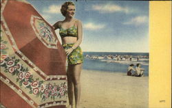 Woman in Swimwear Posing with Umbrella on the Beach Postcard