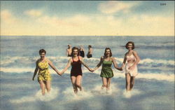 Four Women in Swimwear Holding Hands in the Surf Swimsuits & Pinup Postcard Postcard